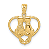 14k Yellow Gold Sitting Cats in a Heart Pendant 1/2in