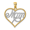 14k Yellow Gold Rhodium Mom in Heart Pendant with Bead Border 5/8in