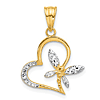 14k Yellow Gold and White Rhodium Dragonly on Heart Pendant With Diamond-cut Texture