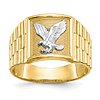 14k Yellow Gold Men's Eagle Ring with Paneled Sides and Rhodium Accent
