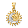 14k Yellow Gold Rhodium Brushed Sun and Moon Pendant 5/8in