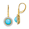 14k Yellow Gold 2.8 ct Turquoise and Diamond Halo Leverback Earrings