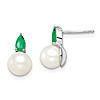 14k White Gold 7mm Freshwater Cultured Pearl and Pear Emerald Earrings