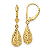 14k Yellow Gold Filigree Diamond Cut Tear Drop Leverback Earrings