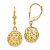 14k Yellow Gold Mesh Ball Dangle Leverback Earrings With Polished Finish And Diamond-Cut Texture