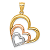 14k Two-Tone Gold with White Rhodium Polished 3 Hearts Pendant 7/8in