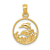 14k Yellow Gold Dolphins with Waves Pendant in Round Frame