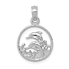 14k White Gold Dolphins with Waves Pendant in Round Frame