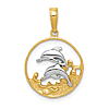 14k Yellow Gold Pair of Dolphins in Waves Pendant 5/8in