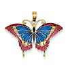 14k Yellow Gold Blue Red Acrylic Butterfly Pendant 1in
