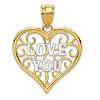 14k Yellow Gold Love You Heart Pendant with Filigree Design 5/8in