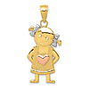 14k Yellow Gold Girl Pendant with Rose Gold Heart and Rhodium Bows