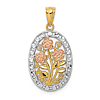 14k Two-tone Gold Rhodium Oval Three Roses Pendant 3/4in