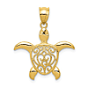 14k Yellow Gold Sea Turtle Pendant with Filigree Shell 3/4in