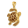 14k Yellow Gold 3-D Brown Enamel Sea Turtle Pendant 1in