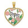 14k Yellow Gold Enamel Dragonfly and Flowers in Heart Pendant