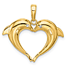 14k Yellow Gold Double Dolphin Heart Pendant with Rhodium Eyes