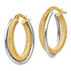 14k Two-tone Gold Oval Textured Hoop Earrings 1in