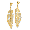 14k Yellow Gold Long Textured Leaf Post Dangle Earrings