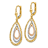 14k Tri-Color Gold Diamond-cut Teardrop Leverback Earrings