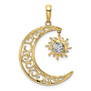 14k Yellow Gold Rhodium Diamond-cut Crescent Moon Sun Pendant 3/4in