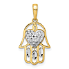 14k Yellow Gold and Rhodium Hamsa Pendant with Diamond-cut Heart
