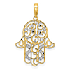 14k Yellow Gold Diamond-cut Fancy Hamsa Pendant with Rhodium 3/4in