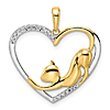 14k Yellow Gold and Rhodium Stretching Cat In Heart Pendant 3/4in