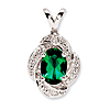 Sterling Silver Created Oval Emerald Pendant with Genuine Diamond Accents