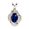 Sterling Silver Oval Created Sapphire Pendant with Diamonds