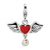 Sterling Silver 3-D Winged Red Heart & Cultured Pearl Charm