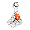 Sterling Silver 3-D Enameled Basketball in Net Charm with Clasp