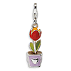 Sterling Silver 3-D Red Enamel Potted Tulip Flower Charm