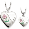 Sterling Silver Pink Green Rose Locket Set