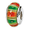 Sterling Silver Reflections Green Orange Glass Bead Vertical Stripe