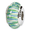 Sterling Silver Reflections Blue Green Lines Hand-blown Glass Bead