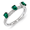 Sterling Silver Created Emerald Three Stone Ring with Beaded Finish