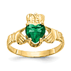 14kt Yellow Gold Claddagh Ring with 5mm Green Heart Cubic Zirconia