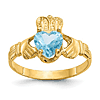 14k Yellow Gold Claddagh Ring with 5mm Aqua Blue Heart Cubic Zirconia