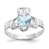 14k White Gold Claddagh Ring with Aquamarine Heart CZ