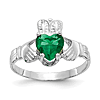 14kt White Gold Claddagh Ring with Green Heart CZ