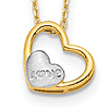 14k Yellow Gold Brushed Love Heart Necklace with Rhodium 17in