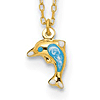 14k Yellow Gold Blue and White Enamel Dolphin Necklace 16.5in