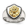 Stainless Steel Lion Head Ring with 14k Gold Accent Shield Design