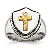 Stainless Steel Cross Shield Ring with 14k Yellow Gold Accent