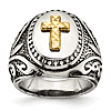 Stainless Steel Cross Fancy Signet Ring with 14k Yellow Gold Accent