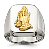 Stainless Steel Praying Hands Signet Ring with 14k Yellow Gold Accent