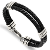Stainless Steel Black Leather Two Strand Bracelet 9in