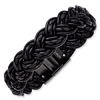 8in Black Plated Stainless Steel Woven Black Leather Bracelet