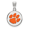 Sterling Silver 5/8in Clemson University Enamel Paw Pendant
